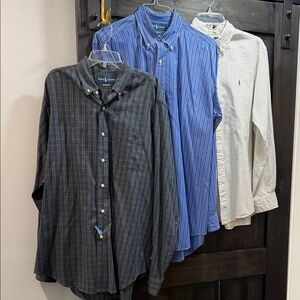 Ralph Lauren Men's Blue Stripe, Green Check, Brown/Cream Check Dress Shirts- 3